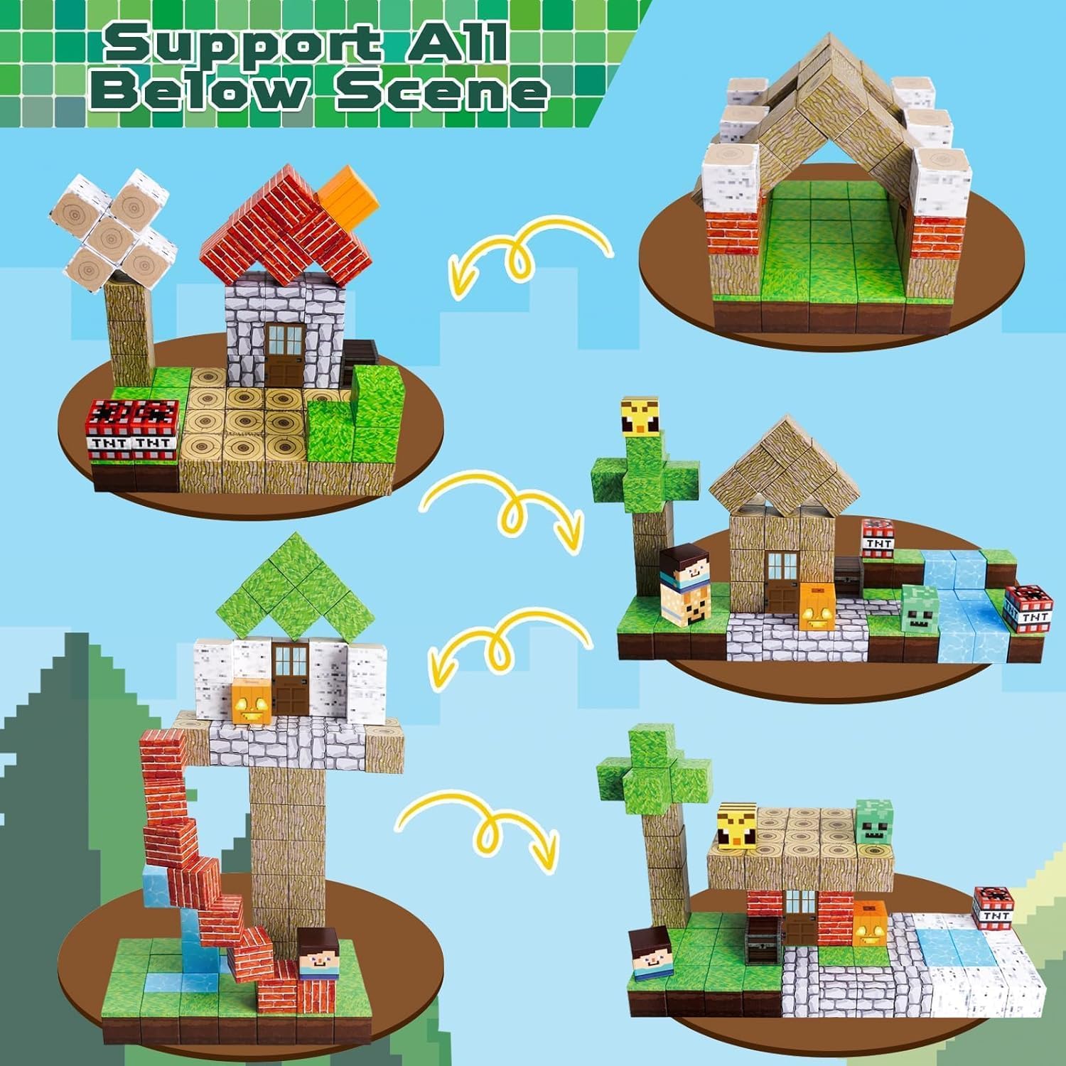 Minecraft style random 100PCS Magnetic Blocks Forest Themed Magnetic Tiles Build Mine Forest Farm Set
