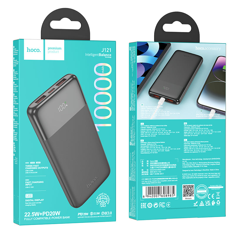 HD_SYNC:J121 Fast 22.5W+PD20W fully compatible power bank with digital display(10000mAh)