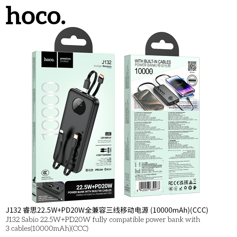 HD_SYNC:J132 Sabio 22.5W+PD20W fully compatible power bank with 3 cables(10000mAh)(CCC)