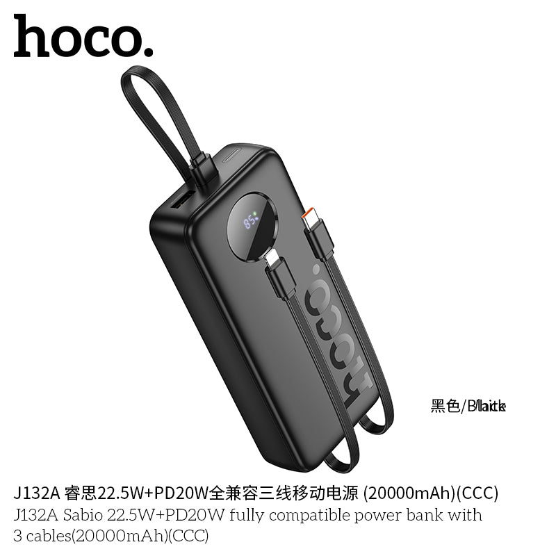 HD_SYNC:J132A Sabio 22.5W+PD20W fully compatible power bank with 3 cables(20000mAh)(CCC)