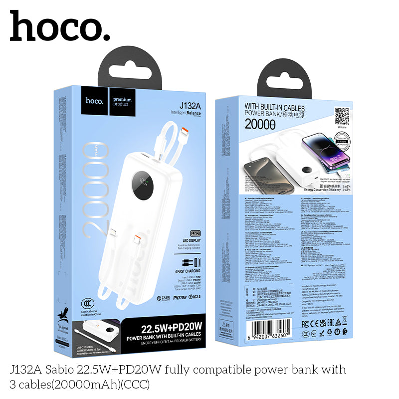 HD_SYNC:J132A Sabio 22.5W+PD20W fully compatible power bank with 3 cables(20000mAh)(CCC)