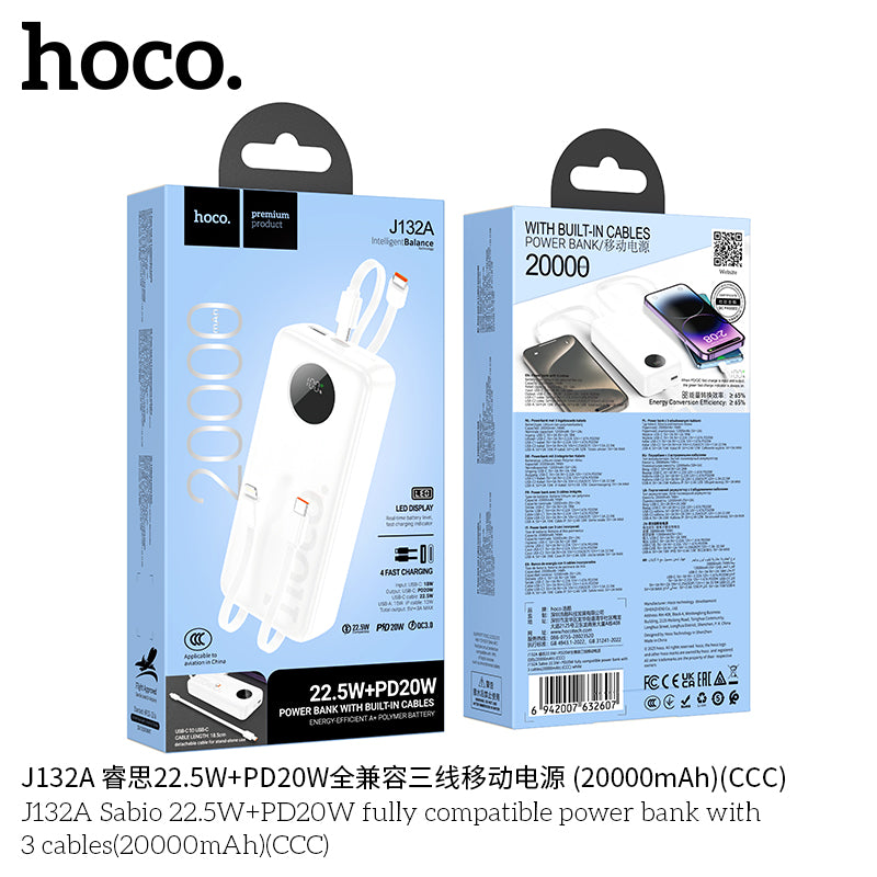 HD_SYNC:J132A Sabio 22.5W+PD20W fully compatible power bank with 3 cables(20000mAh)(CCC)