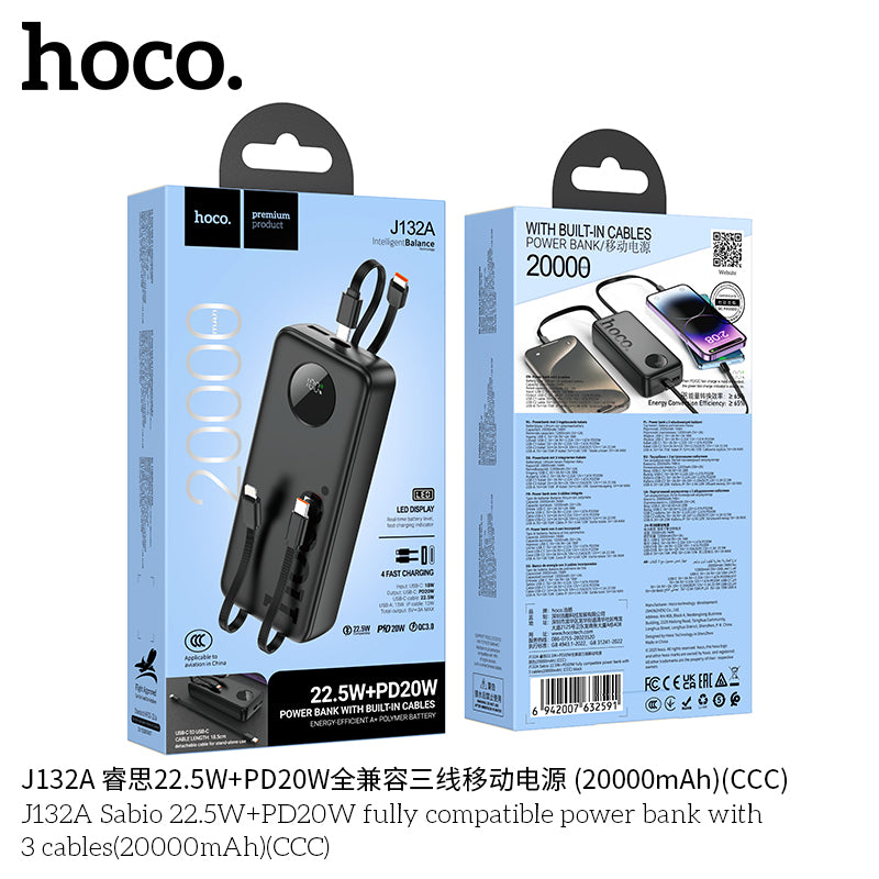 HD_SYNC:J132A Sabio 22.5W+PD20W fully compatible power bank with 3 cables(20000mAh)(CCC)
