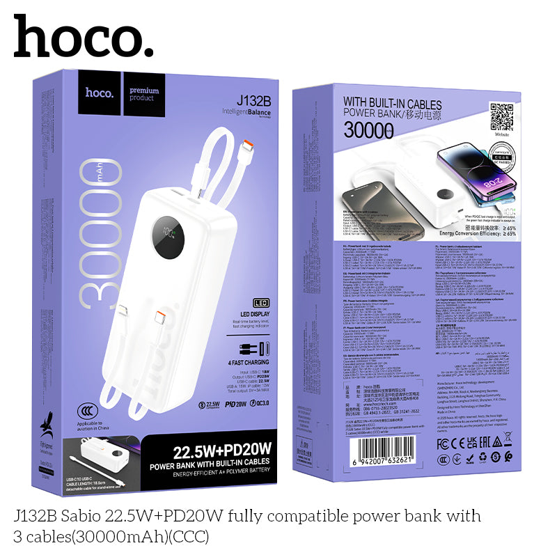 HD_SYNC:J132B Sabio 22.5W+PD20W fully compatible power bank with 3 cables(30000mAh)(CCC)