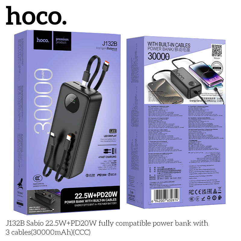 HD_SYNC:J132B Sabio 22.5W+PD20W fully compatible power bank with 3 cables(30000mAh)(CCC)