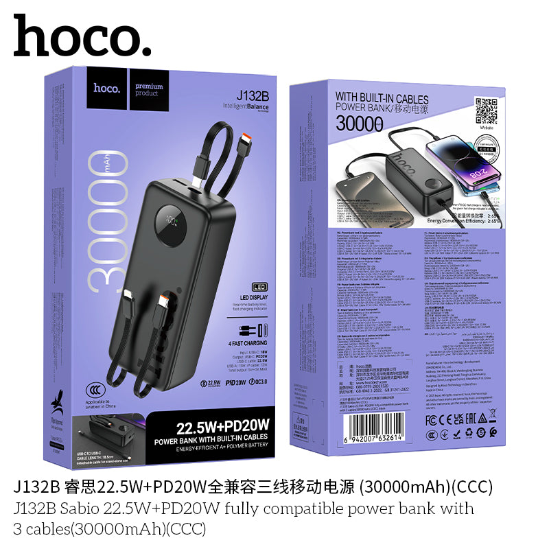 HD_SYNC:J132B Sabio 22.5W+PD20W fully compatible power bank with 3 cables(30000mAh)(CCC)