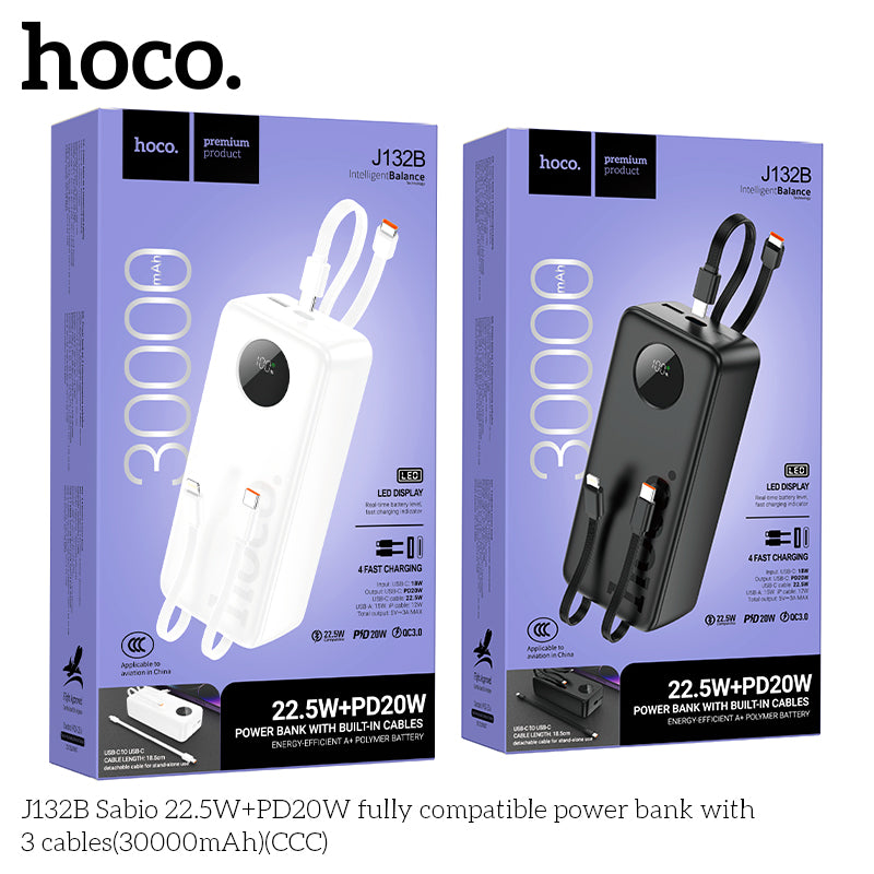 HD_SYNC:J132B Sabio 22.5W+PD20W fully compatible power bank with 3 cables(30000mAh)(CCC)