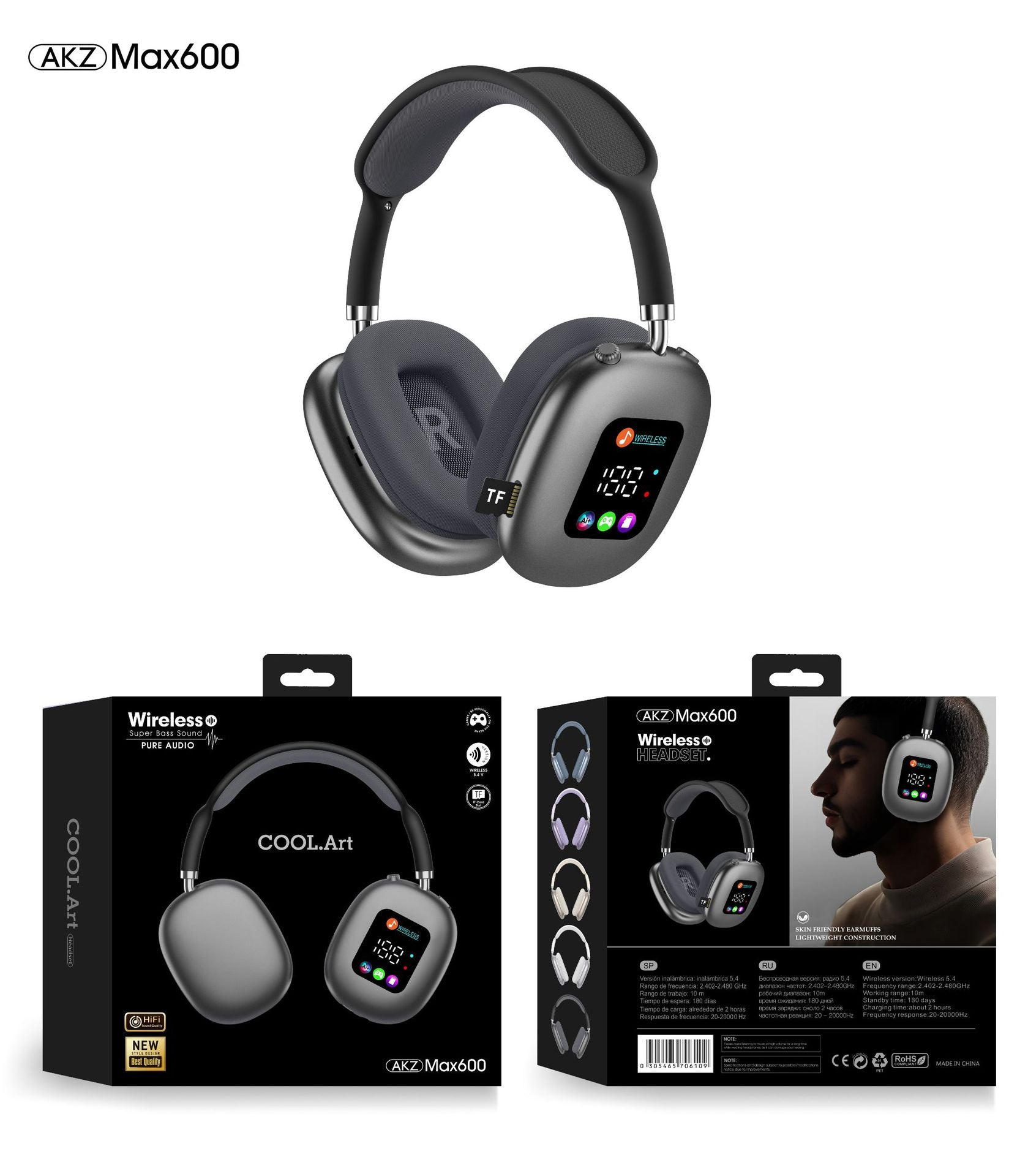 AKZ MAX600 Wireless Headset Bluetooth Headphones HiFi Bass Driver 3D Stereo Low Latancy Digital Display Screen Headset