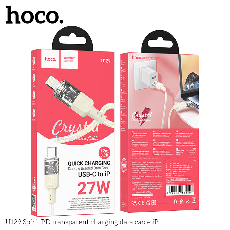 HD_SYNC:U129 Spirit 60W transparent charging data cable Type-C to Type-C