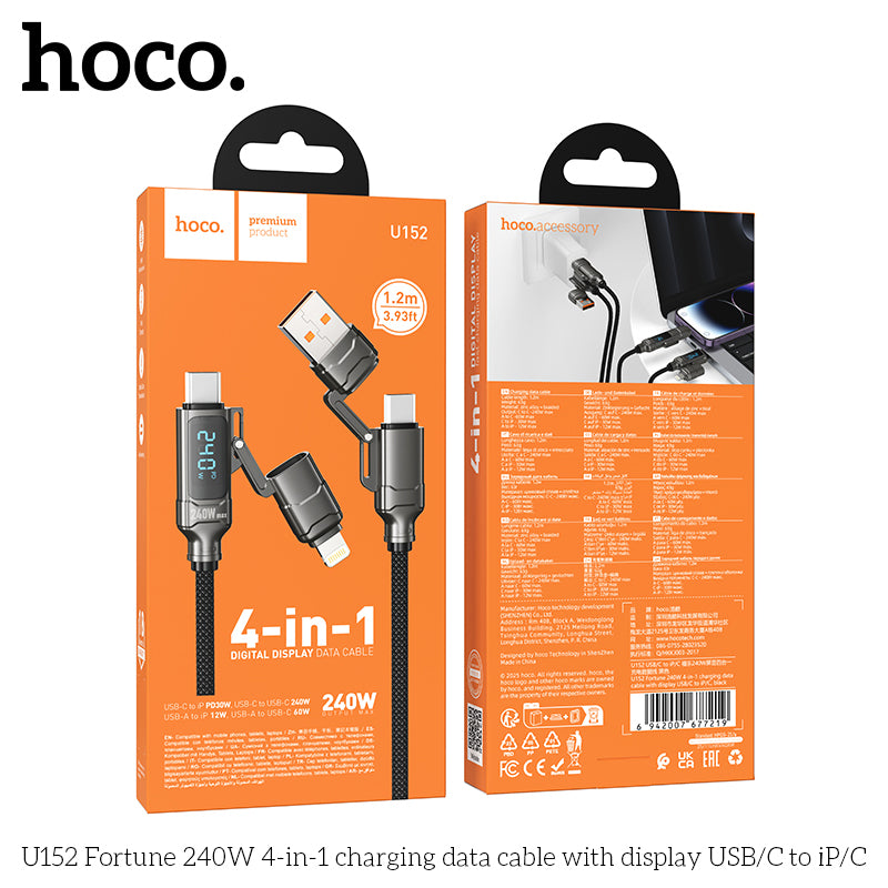 HD_SYNC:U152 Fortune 240W 4-in-1 charging data cable with display USB/C to iP/C