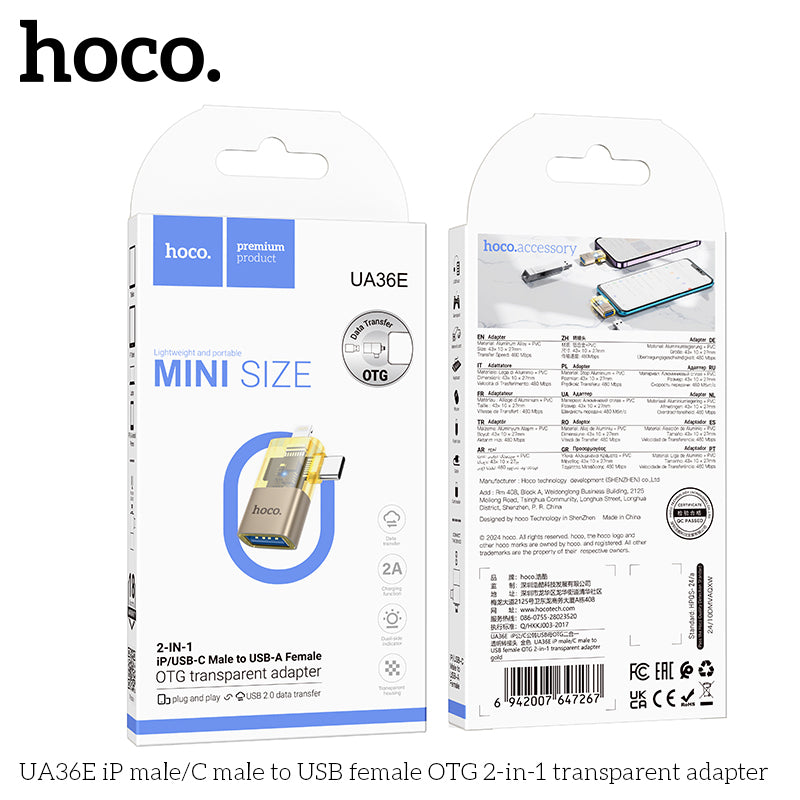 HD_SYNC:UA36E iP male/C male to USB female OTG 2-in-1 transparent adapter