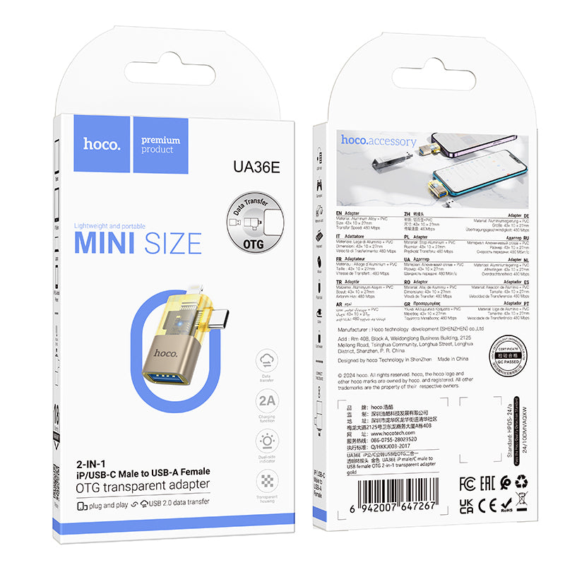 HD_SYNC:UA36E iP male/C male to USB female OTG 2-in-1 transparent adapter