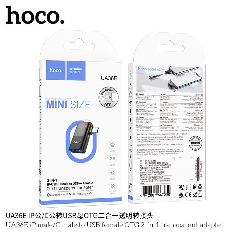 HD_SYNC:UA36E iP male/C male to USB female OTG 2-in-1 transparent adapter