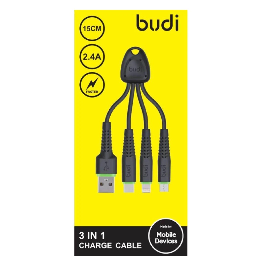Budi 3 in 1 Charge Cable 15cm Black